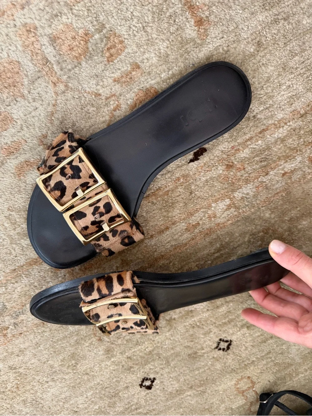 Tibi Leopard Print Slide Sandals with Gold Buckles -